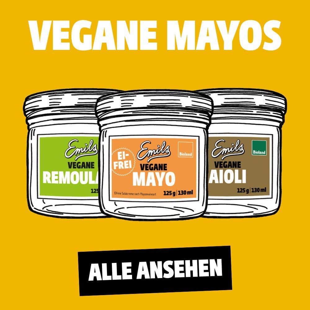 Emils vegane Mayos, verschiedene Sorten: Mayo, Chilimayo, Aioli